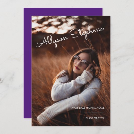 Classy Script White Text Photo Paars Afstuderen Aankondiging (Voorkant / Achterkant)