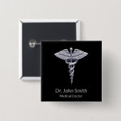 Classy Silver Caduceus Medical op Black Vierkante Button 5,1 Cm (Voorkant /achterkant)