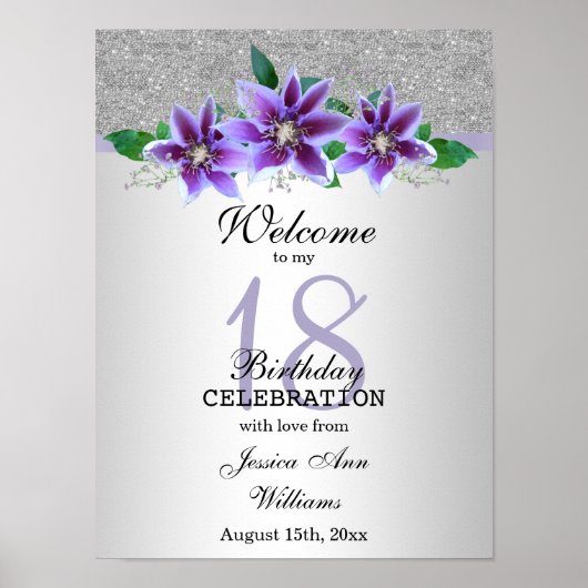 Classy Silver & Clematis Flowers 18e verjaardag Poster (Voorkant)