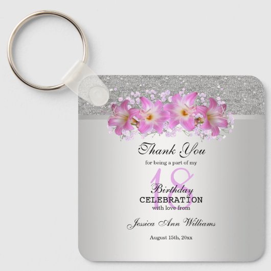 Classy Silver en Belladonna Lilies 18th Birthday Sleutelhanger (Voorkant)