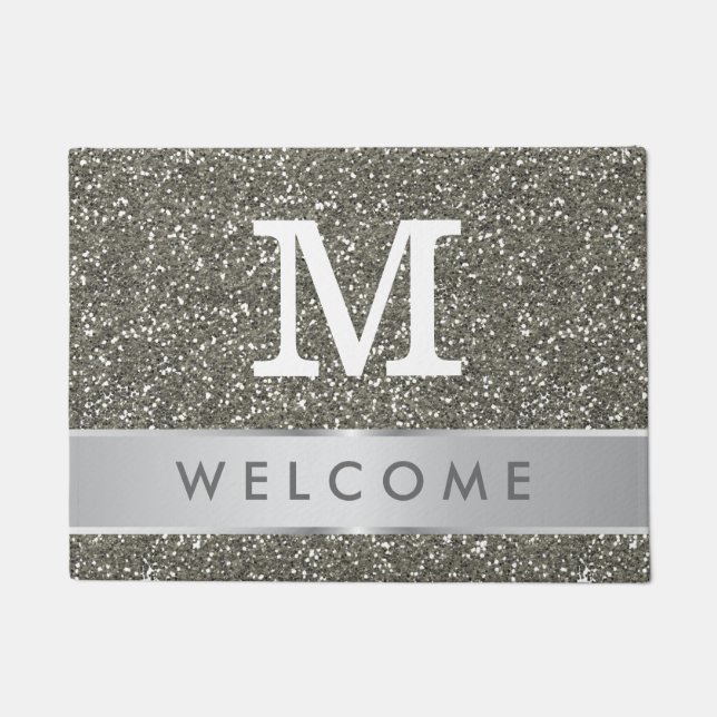 Classy Silver Glitter Kijk Welkome Monogrammen Deurmat (Voorkant)