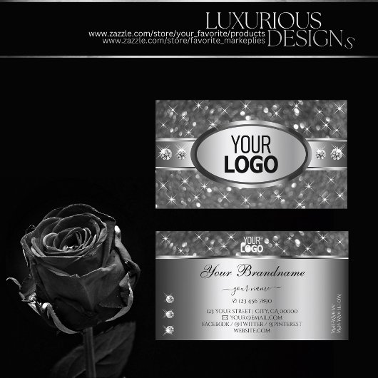 Classy Silver Glitter Sparkle Diamonds en Logo Visitekaartje