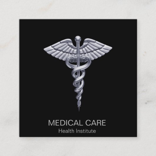 Classy Silver Medical Caduceus op Black Vierkante Visitekaartje (Voorkant)