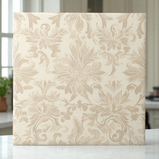 Classy Simple Floral Damask Soft Beige Tegeltje