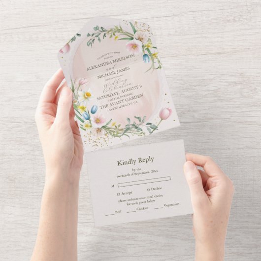 Classy Spring Wildflower Meadow Garden Wedding All In One Uitnodiging (Afscheurbaar)
