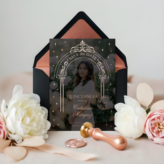 Classy Starry Moon Photo Quinceañera Bewaar de dat Folie Uitnodiging