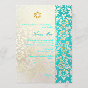 Classy + Stylish Damask Bat Mitzvah/Aquamarine Kaart
