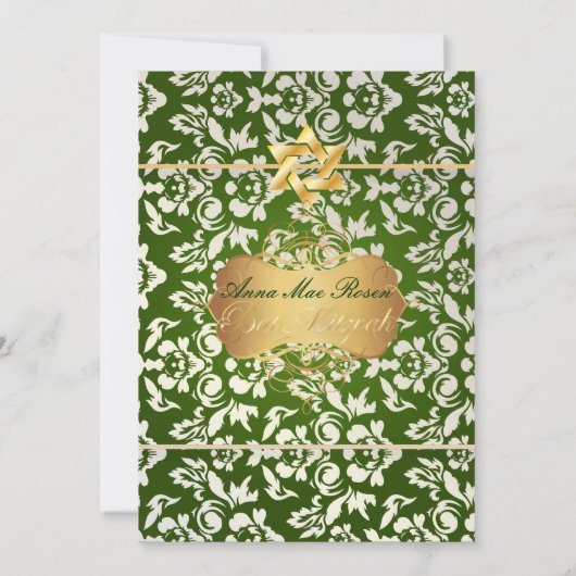 Classy + Stylish Damask Bat Mitzvah/emerald green Kaart (Achterkant)
