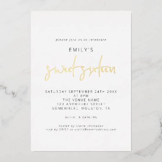Classy Sweet Sixteen Modern Script Real Folie Uitnodiging (Voorkant)