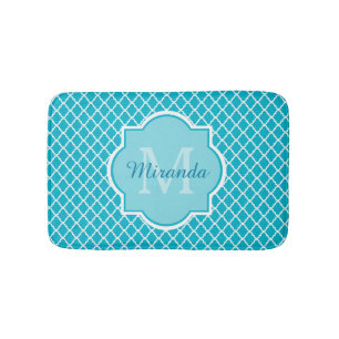 Classy Turquoise Blue Quatrefoil Monogram en naam Badmat