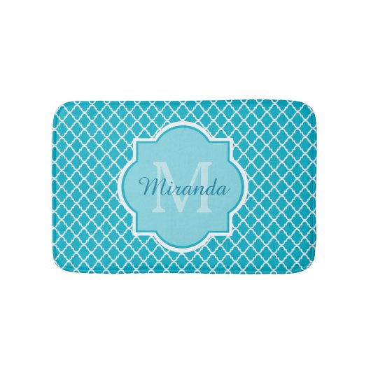 Classy Turquoise Blue Quatrefoil Monogram en naam Badmat (Voorkant)