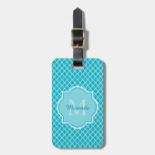 Classy Turquoise Blue Quatrefoil Monogram en naam Bagagelabel (Voorkant verticaal)