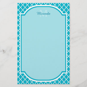 Classy Turquoise Blue Quatrefoil Monogram en naam Briefpapier