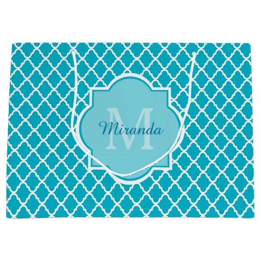 Classy Turquoise Blue Quatrefoil Monogram en naam Groot Cadeauzakje (Voorkant)