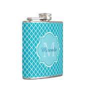 Classy Turquoise Blue Quatrefoil Monogram en naam Heupfles (Rechts)