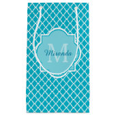 Classy Turquoise Blue Quatrefoil Monogram en naam Klein Cadeauzakje (Voorkant)