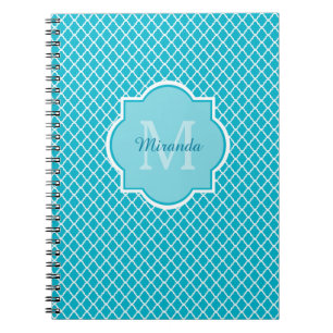 Classy Turquoise Blue Quatrefoil Monogram en naam Notitieboek
