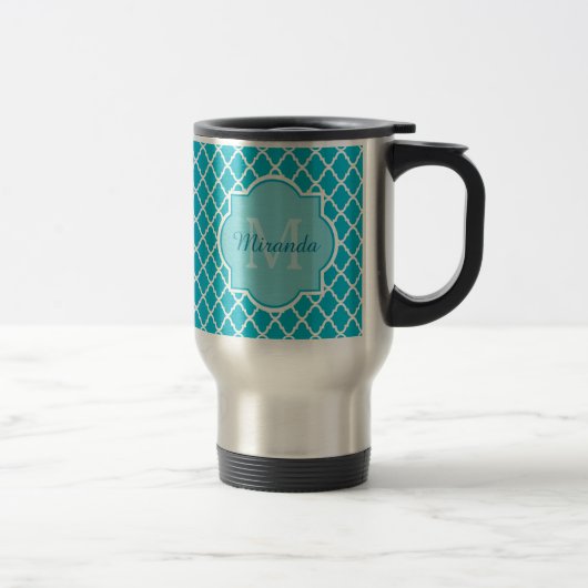 Classy Turquoise Blue Quatrefoil Monogram en naam Reisbeker (Rechts)