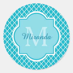 Classy Turquoise Blue Quatrefoil Monogram en naam Ronde Sticker