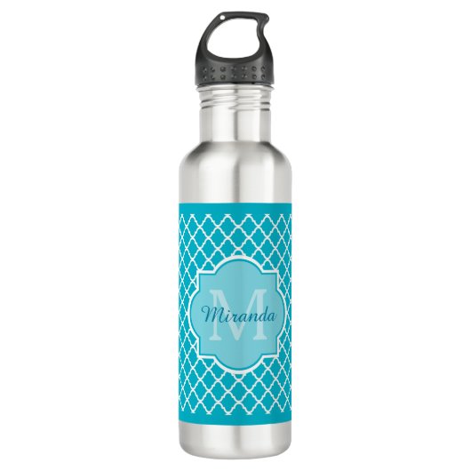 Classy Turquoise Blue Quatrefoil Monogram en naam Waterfles (Voorkant)