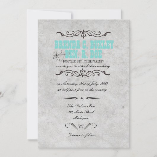 Classy Turquoise Vintage bruiloft uitnodiging (Voorkant)