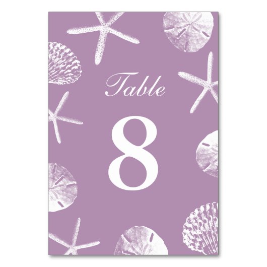 Classy Violet Beach Theme Seashells Tafelnummers (Voorkant)