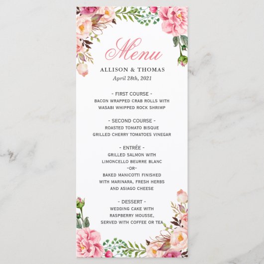 Classy Waterverf Blush Pink Floral Wedding Menu (Voorkant)