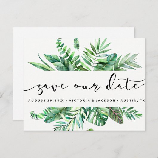 Classy Waterverf Tropische bladeren save onze datu Aankondigingskaart (Voorkant / Achterkant)