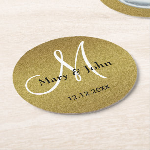Classy Wedding Monogram Glitter Gold Ronde Kartonnen Onderzetter