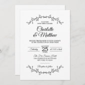 Classy White Black Laurel Wreath Branches Wedding Kaart (Voorkant / Achterkant)