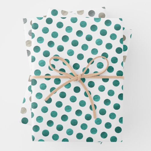 Classy White Blauwgroen en Silver Polka Dots Moder Inpakpapier Vel (In situ)