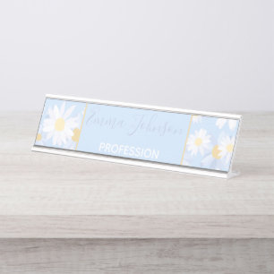 Classy White Daisy Flowers botanisch blauw ontwerp Bureau Naambordje