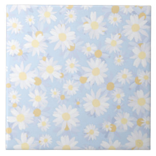 Classy White Daisy Flowers botanisch blauw ontwerp Tegeltje