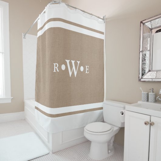 Classy White Faux Burlap Clean White Borders Douchegordijn (In situ)