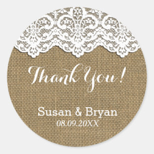Classy White Lace & Burlap Dank u Sticker