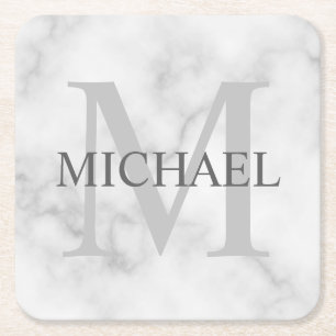 Classy White Marble - gepersonaliseerd monogram en Vierkante Kartonnen Onderzetter
