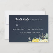 Classy yellow bloemen greenery navy blue bruiloft RSVP kaartje (Voorkant)