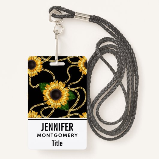 Classy Yellow Sunflower Stijlvol patroon op zwart Badge (Voorkant met draagriem)