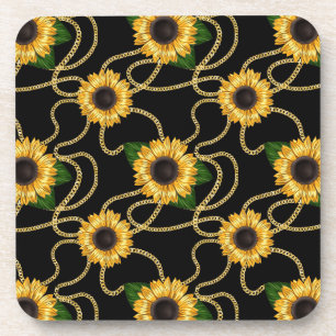 Classy Yellow Sunflower Stijlvol patroon op zwart Bier Onderzetter