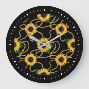 Classy Yellow Sunflower Stijlvol patroon op zwart Grote Klok