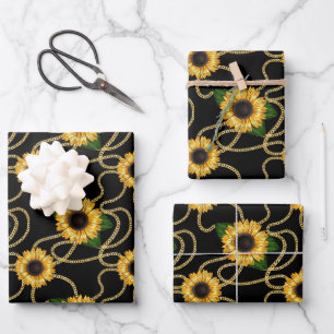 Classy Yellow Sunflower Stijlvol patroon op zwart Inpakpapier Vel