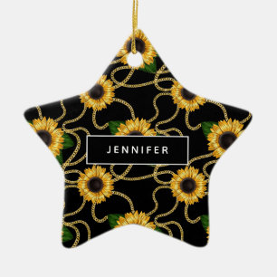 Classy Yellow Sunflower Stijlvol patroon op zwart Keramisch Ornament