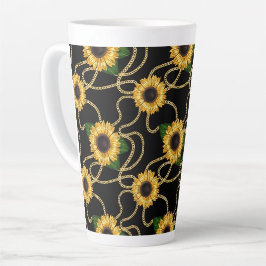 Classy Yellow Sunflower Stijlvol patroon op zwart Latte Mok (Linkerhoek)