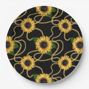 Classy Yellow Sunflower Stijlvol patroon op zwart Papieren Bordje