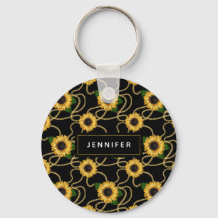 Classy Yellow Sunflower Stijlvol patroon op zwart Sleutelhanger