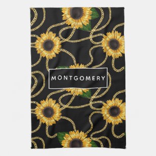 Classy Yellow Sunflower Stijlvol patroon op zwart Theedoek