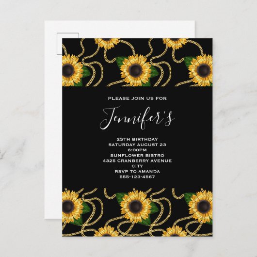 Classy Yellow Sunflower Stylish Pattern Birthday Uitnodiging Briefkaart (Voorkant / Achterkant)