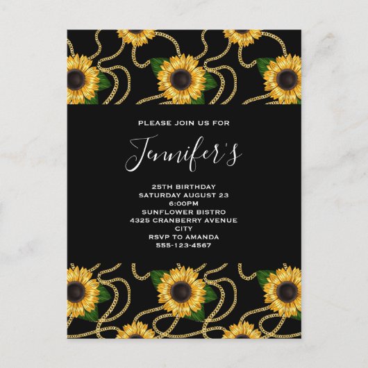 Classy Yellow Sunflower Stylish Pattern Birthday Uitnodiging Briefkaart (Voorkant)