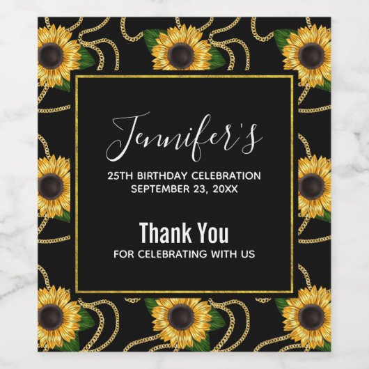 Classy Yellow Sunflower Stylish Pattern Birthday Wijn Etiket (Enkel label)