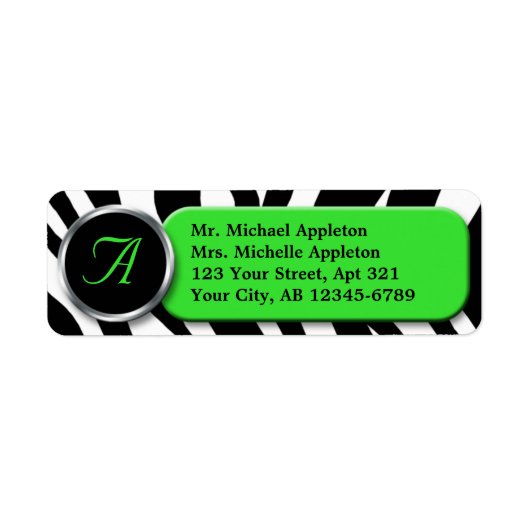 Classy Zebra Print Lime Monogram Étiquettes de adr (Devant)